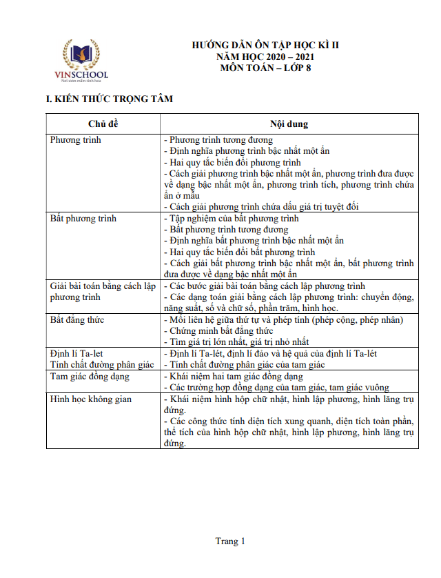 hướng dẫn ôn tập học kì 2 toán 8 năm 2020 – 2021 trường vinschool – hà nội