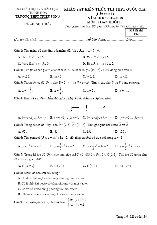 khảo sát kiến thức thi thpt quốc gia lần 1 năm 2017 – 2018 toán 10 trường triệu sơn 3 – thanh hóa