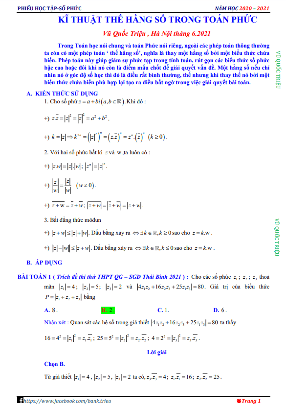 kĩ thuật thế hằng số trong bài toán số phức – vũ quốc triệu