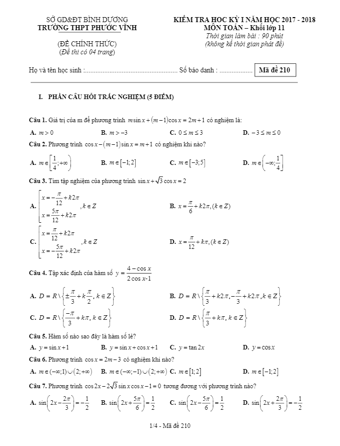 kiểm tra học kỳ 1 toán 11 năm học 2017 – 2018 trường thpt phước vĩnh – bình dương