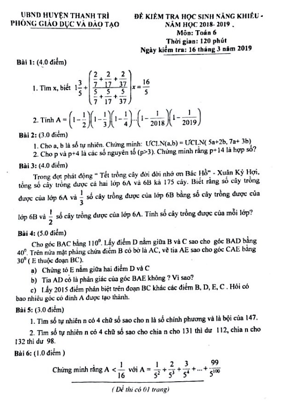 kiểm tra học sinh năng khiếu toán 6 năm 2018 – 2019 phòng gd&đt thanh trì – hà nội