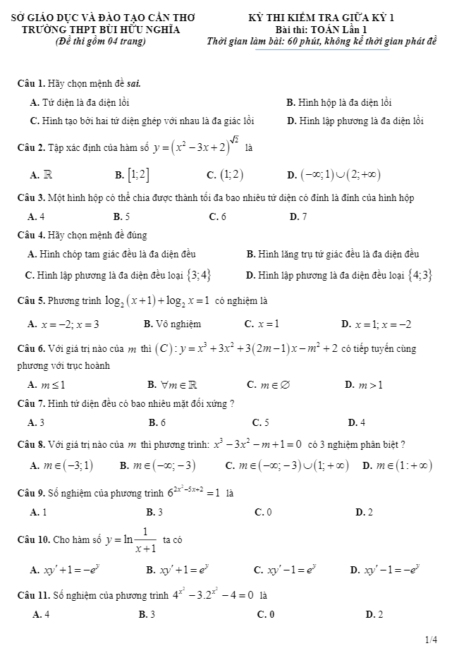 kỳ thi kiểm tra giữa kỳ i bài thi toán 12 trường thpt bùi hữu nghĩa – cần thơ
