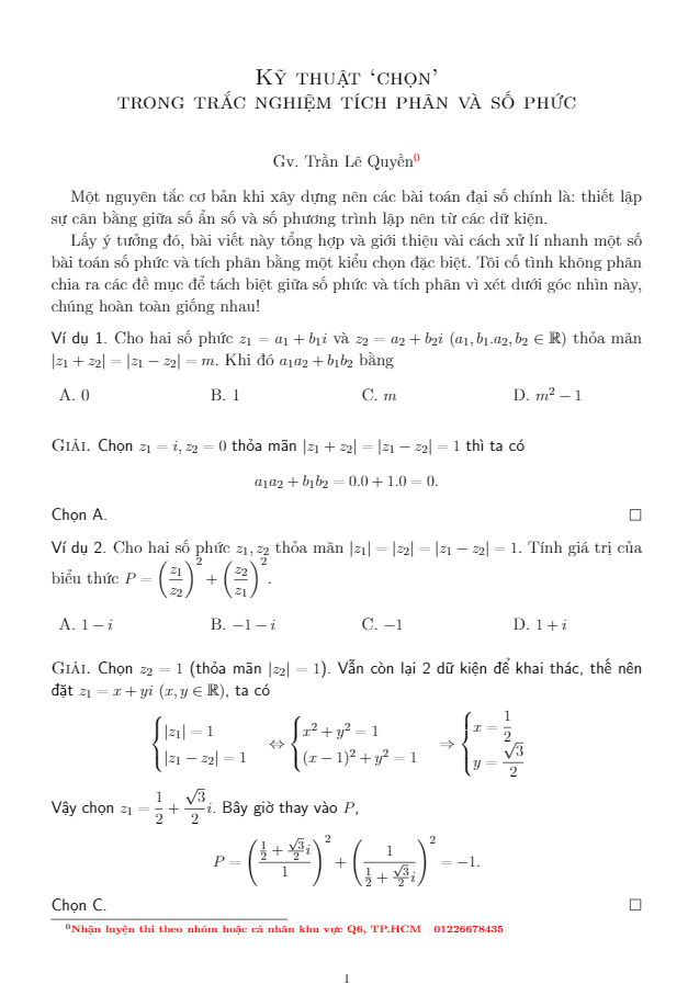 kỹ thuật chọn trong trắc nghiệm tích phân và số phức – trần lê quyền