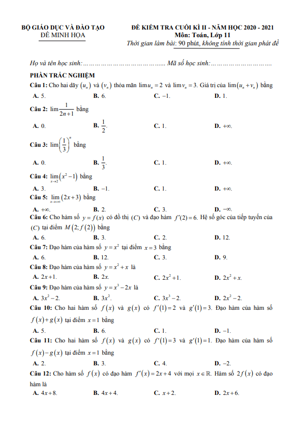 ma trận, bảng đặc tả kĩ thuật và đề minh họa kiểm tra cuối kì 2 toán 11