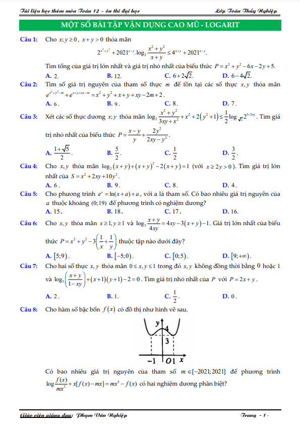 một số bài tập vận dụng cao mũ và logarit có đáp án và hướng dẫn giải