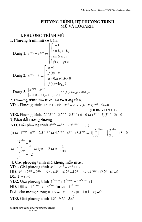 một số phương pháp giải phương trình mũ và logarit – thpt chuyên quảng bình