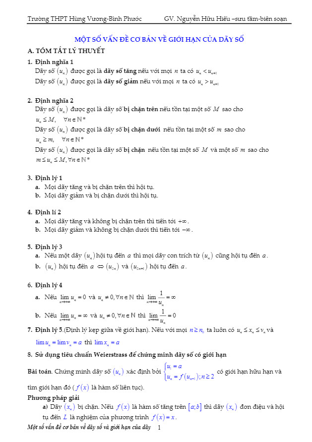 một số vấn đề cơ bản về giới hạn của dãy số – nguyễn hữu hiếu
