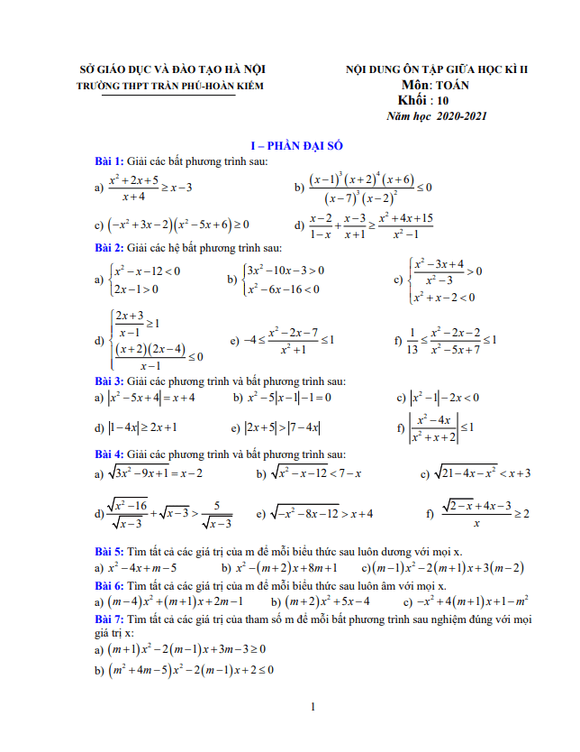 nội dung ôn tập giữa hk2 toán 10 năm 2020 – 2021 trường trần phú – hà nội