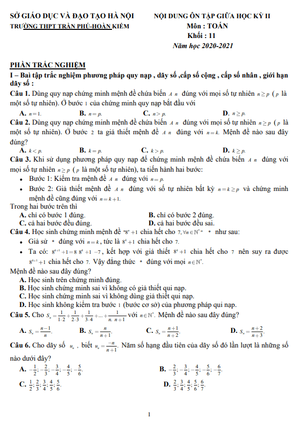 nội dung ôn tập giữa hk2 toán 11 năm 2020 – 2021 trường trần phú – hà nội