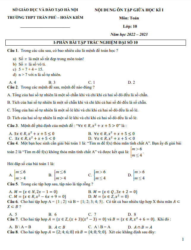 nội dung ôn tập giữa kì 1 toán 10 năm 2022 – 2023 trường thpt trần phú – hà nội