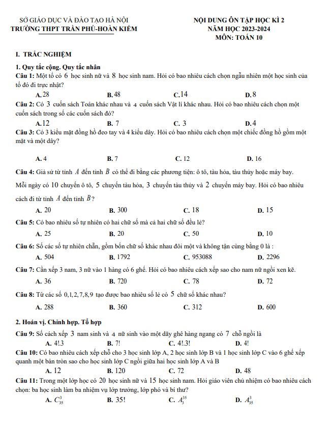 nội dung ôn tập học kì 2 toán 10 năm 2023 – 2024 trường thpt trần phú – hà nội
