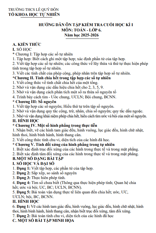 ôn tập cuối học kì 1 toán 6 năm 2025 – 2026 trường thcs lê quý đôn – phú thọ