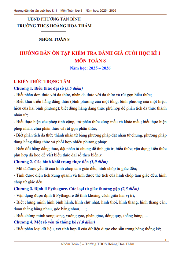 ôn tập cuối học kì 1 toán 8 năm 2025 – 2026 trường thcs hoàng hoa thám – tp hcm