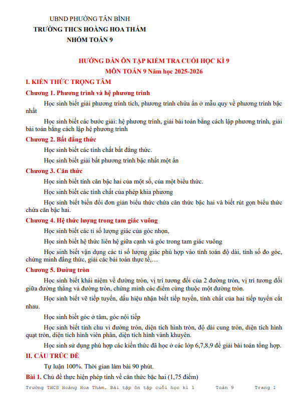 ôn tập cuối học kì 1 toán 9 năm 2025 – 2026 trường thcs hoàng hoa thám – tp hcm