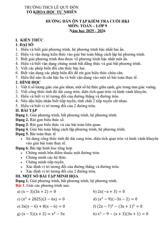 ôn tập cuối học kì 1 toán 9 năm 2025 – 2026 trường thcs lê quý đôn – phú thọ