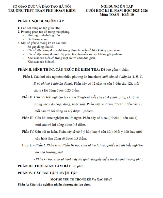 ôn tập cuối học kì 2 toán 10 năm 2025 – 2026 trường thpt trần phú – hà nội