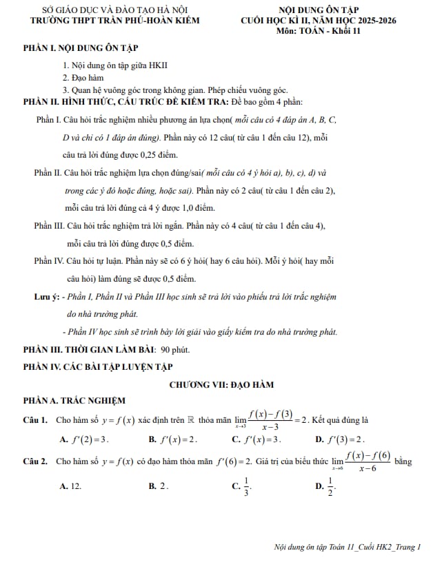 ôn tập cuối học kì 2 toán 11 năm 2025 – 2026 trường thpt trần phú – hà nội