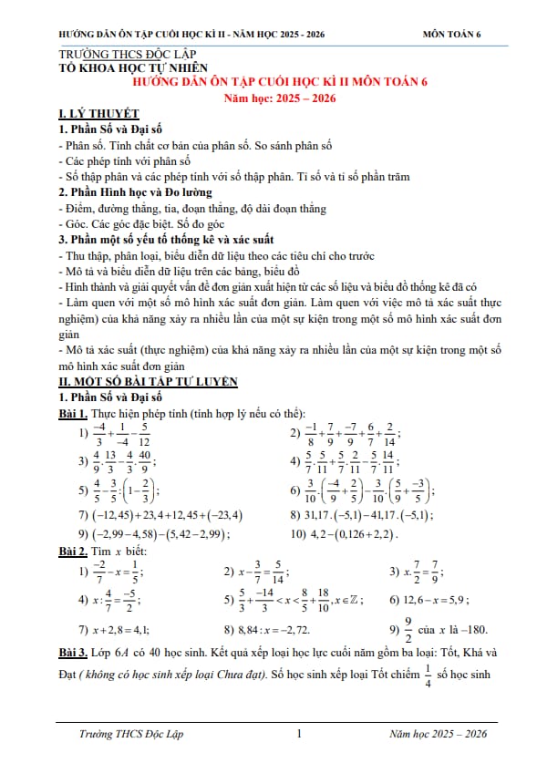 ôn tập cuối học kì 2 toán 6 năm 2025 – 2026 trường thcs độc lập – thái nguyên