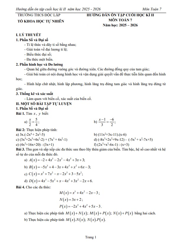 ôn tập cuối học kì 2 toán 7 năm 2025 – 2026 trường thcs độc lập – thái nguyên
