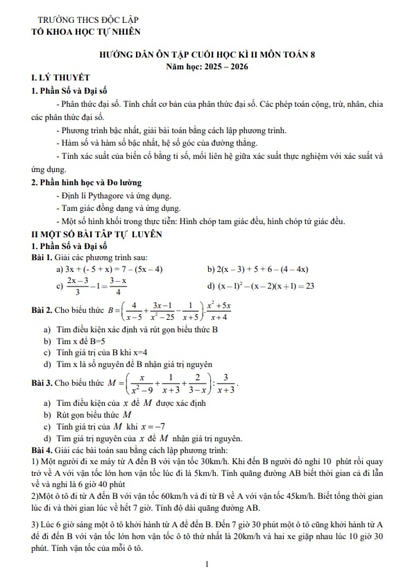 ôn tập cuối học kì 2 toán 8 năm 2025 – 2026 trường thcs độc lập – thái nguyên