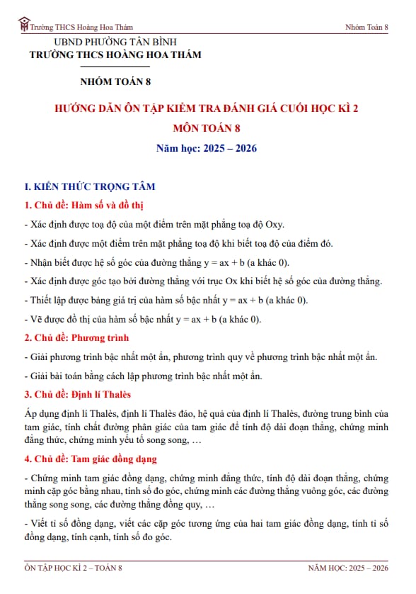 ôn tập cuối học kì 2 toán 8 năm 2025 – 2026 trường thcs hoàng hoa thám – tp hcm