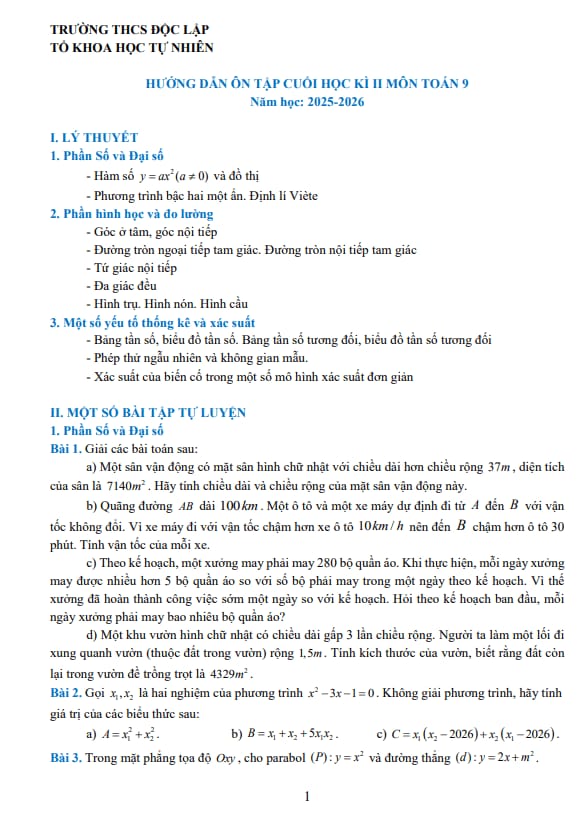 ôn tập cuối học kì 2 toán 9 năm 2025 – 2026 trường thcs độc lập – thái nguyên
