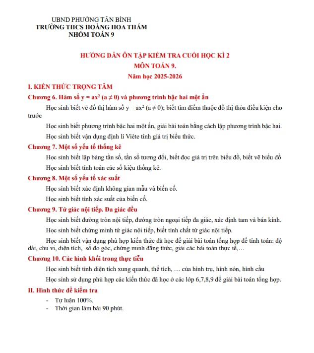 ôn tập cuối học kì 2 toán 9 năm 2025 – 2026 trường thcs hoàng hoa thám – tp hcm