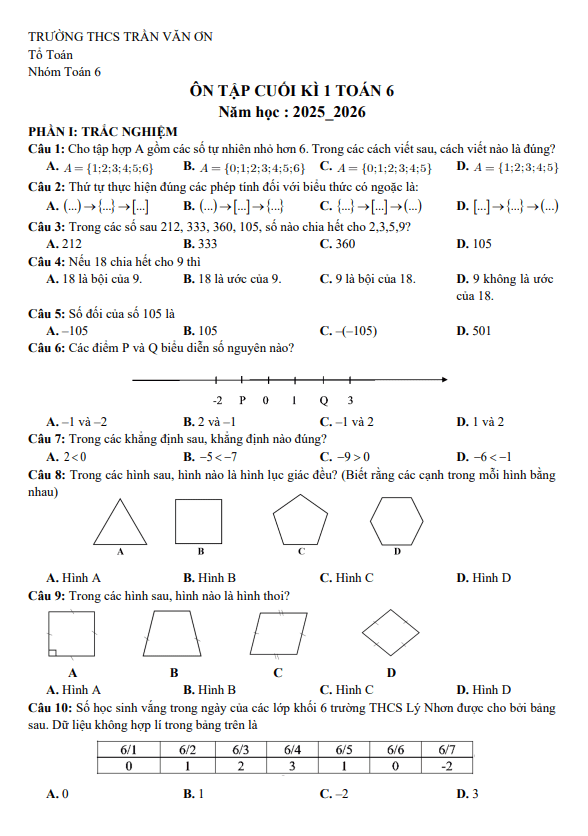 ôn tập cuối kì 1 toán 6 năm 2025 – 2026 trường thcs trần văn ơn – tp hcm