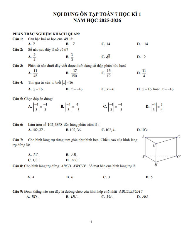ôn tập cuối kì 1 toán 7 năm 2025 – 2026 trường thcs trần văn ơn – tp hcm