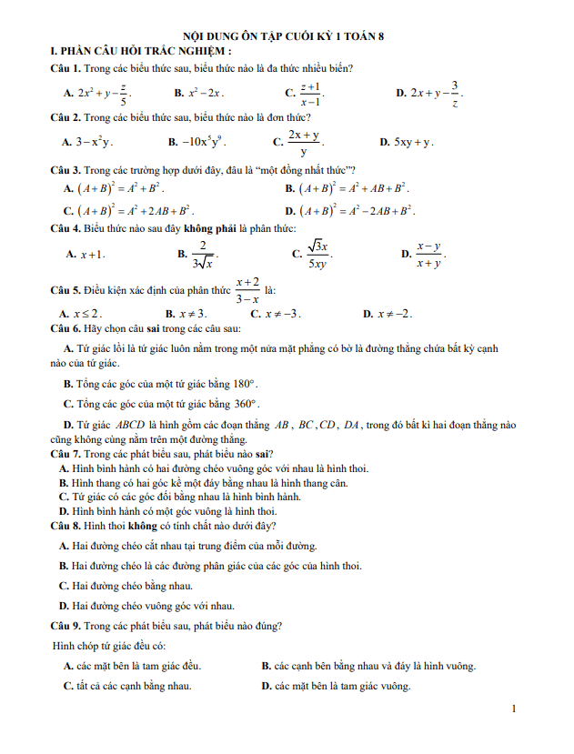 ôn tập cuối kì 1 toán 8 năm 2025 – 2026 trường thcs trần văn ơn – tp hcm