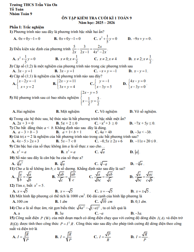 ôn tập cuối kì 1 toán 9 năm 2025 – 2026 trường thcs trần văn ơn – tp hcm