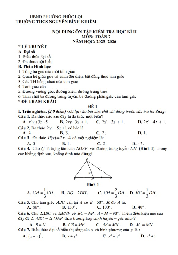 ôn tập cuối kì 2 toán 7 năm 2025 – 2026 trường thcs nguyễn bỉnh khiêm – hà nội