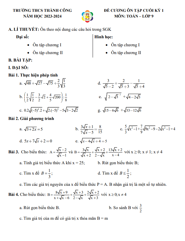 ôn tập cuối kỳ 1 toán 9 năm 2023 – 2024 trường thcs thành công – hà nội
