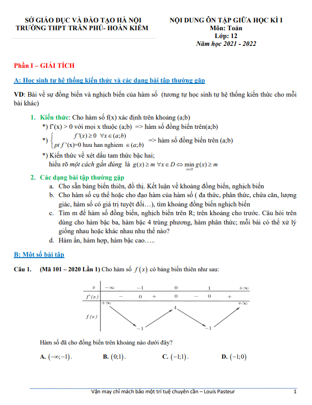 ôn tập giữa học kì 1 toán 12 năm 2021 – 2022 trường thpt trần phú – hà nội