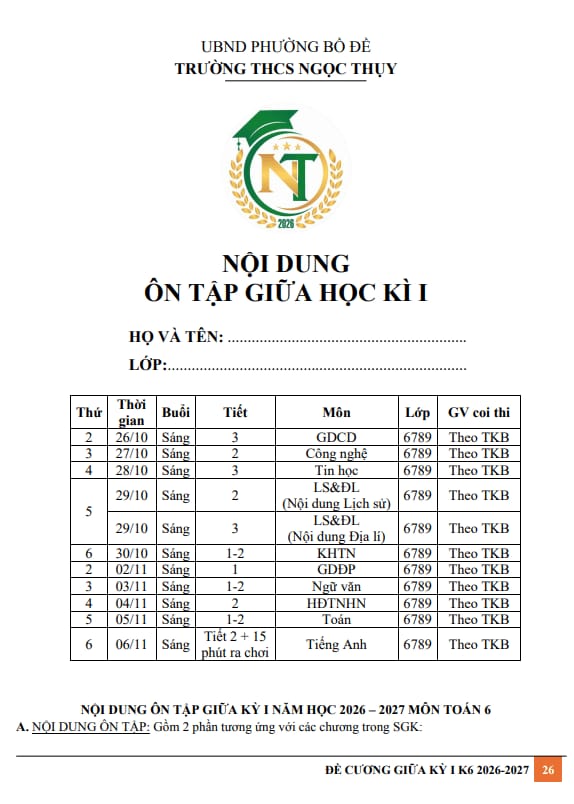 ôn tập giữa học kì 1 toán 6 năm 2026 – 2027 trường thcs ngọc thụy – hà nội