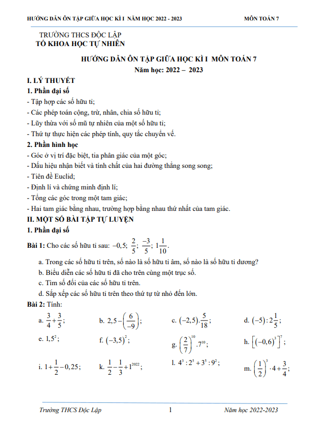 ôn tập giữa học kì 1 toán 7 năm 2022 – 2023 trường thcs độc lập – thái nguyên