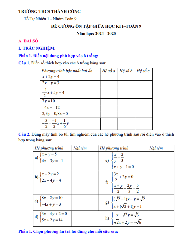 ôn tập giữa học kì 1 toán 9 năm 2024 – 2025 trường thcs thành công – hà nội