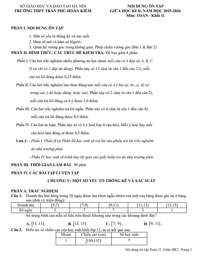 ôn tập giữa học kì 2 toán 11 năm 2025 – 2026 trường thpt trần phú – hà nội