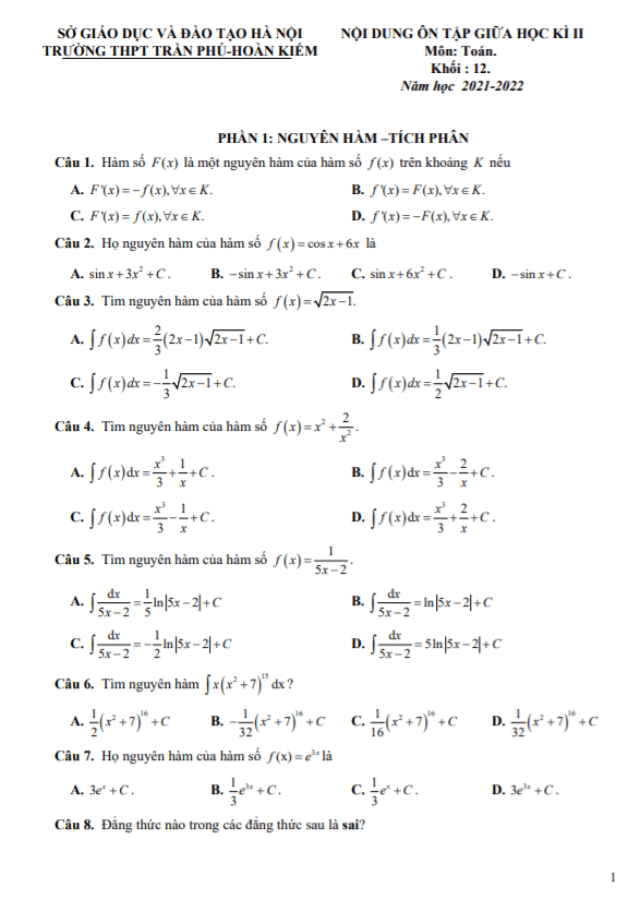 ôn tập giữa học kì 2 toán 12 năm 2021 – 2022 trường thpt trần phú – hà nội