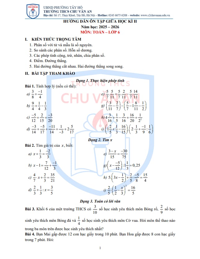 ôn tập giữa học kì 2 toán 6 năm 2025 – 2026 trường thcs chu văn an – hà nội