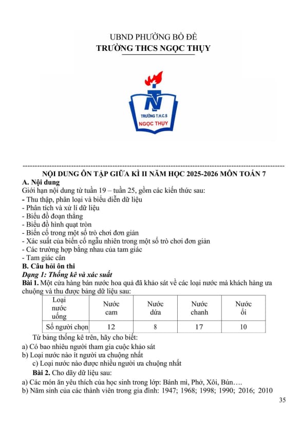ôn tập giữa học kì 2 toán 7 năm 2025 – 2026 trường thcs ngọc thụy – hà nội