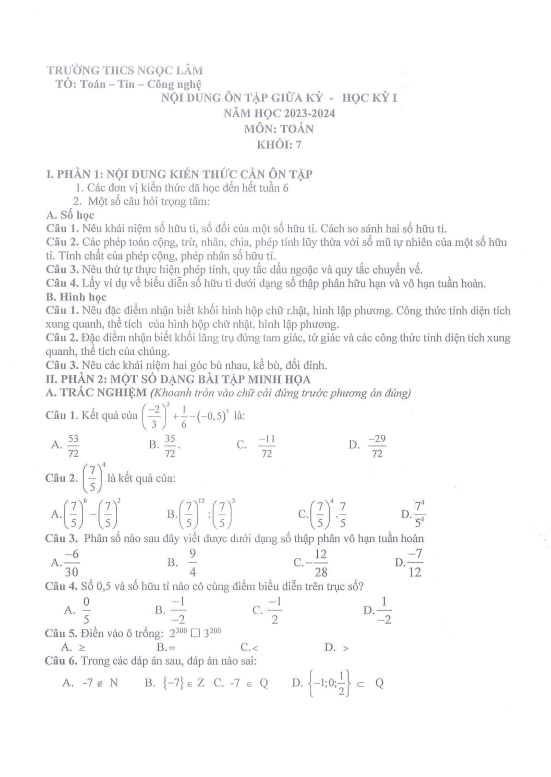 ôn tập giữa học kỳ 1 toán 7 năm 2023 – 2024 trường thcs ngọc lâm – hà nội