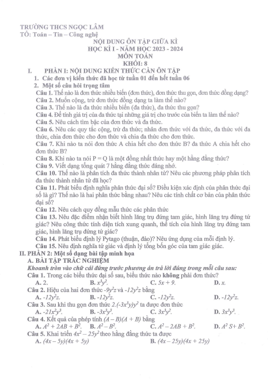 ôn tập giữa học kỳ 1 toán 8 năm 2023 – 2024 trường thcs ngọc lâm – hà nội