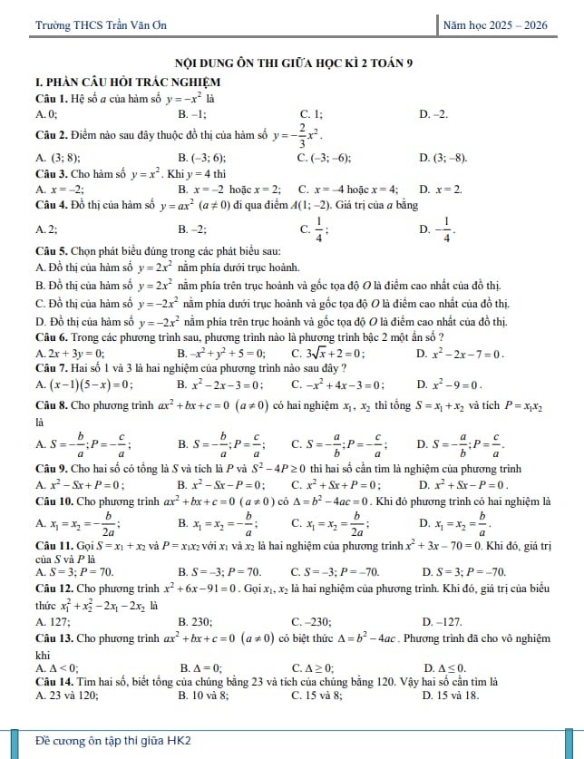 ôn tập giữa kì 2 toán 9 năm 2025 – 2026 trường thcs trần văn ơn – tp hcm
