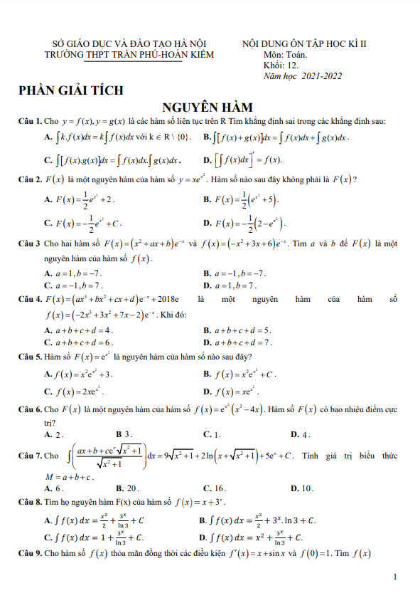 ôn tập học kì 2 toán 12 năm 2021 – 2022 trường thpt trần phú – hà nội