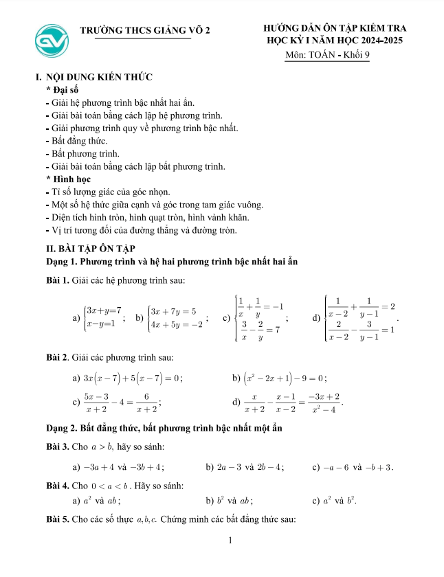 ôn tập học kỳ 1 toán 9 năm 2024 – 2025 trường thcs giảng võ 2 – hà nội