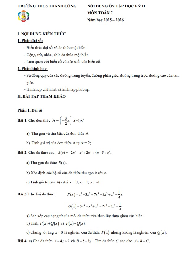 ôn tập học kỳ 2 toán 7 năm 2025 – 2026 trường thcs thành công – hà nội