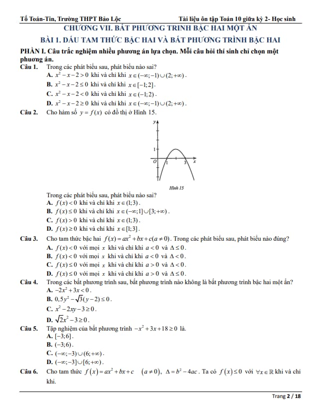 ôn tập toán 10 giữa kỳ 2 năm 2025 – 2026 trường thpt bảo lộc – lâm đồng