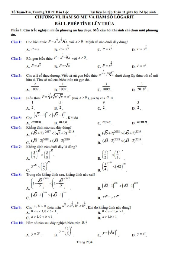 ôn tập toán 11 giữa kỳ 2 năm 2025 – 2026 trường thpt bảo lộc – lâm đồng