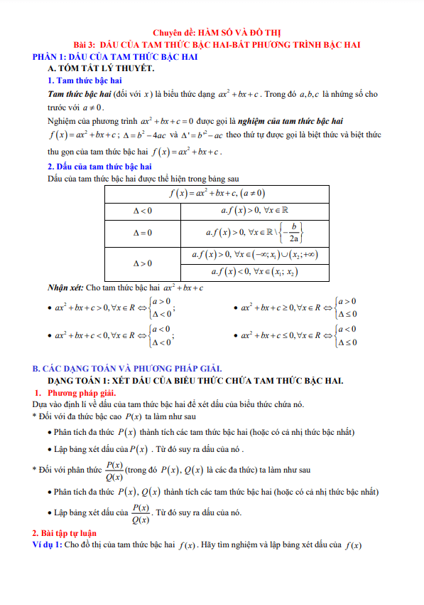 phân dạng và bài tập bất phương trình bậc hai một ẩn